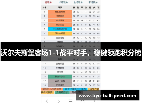 沃尔夫斯堡客场1-1战平对手，稳健领跑积分榜